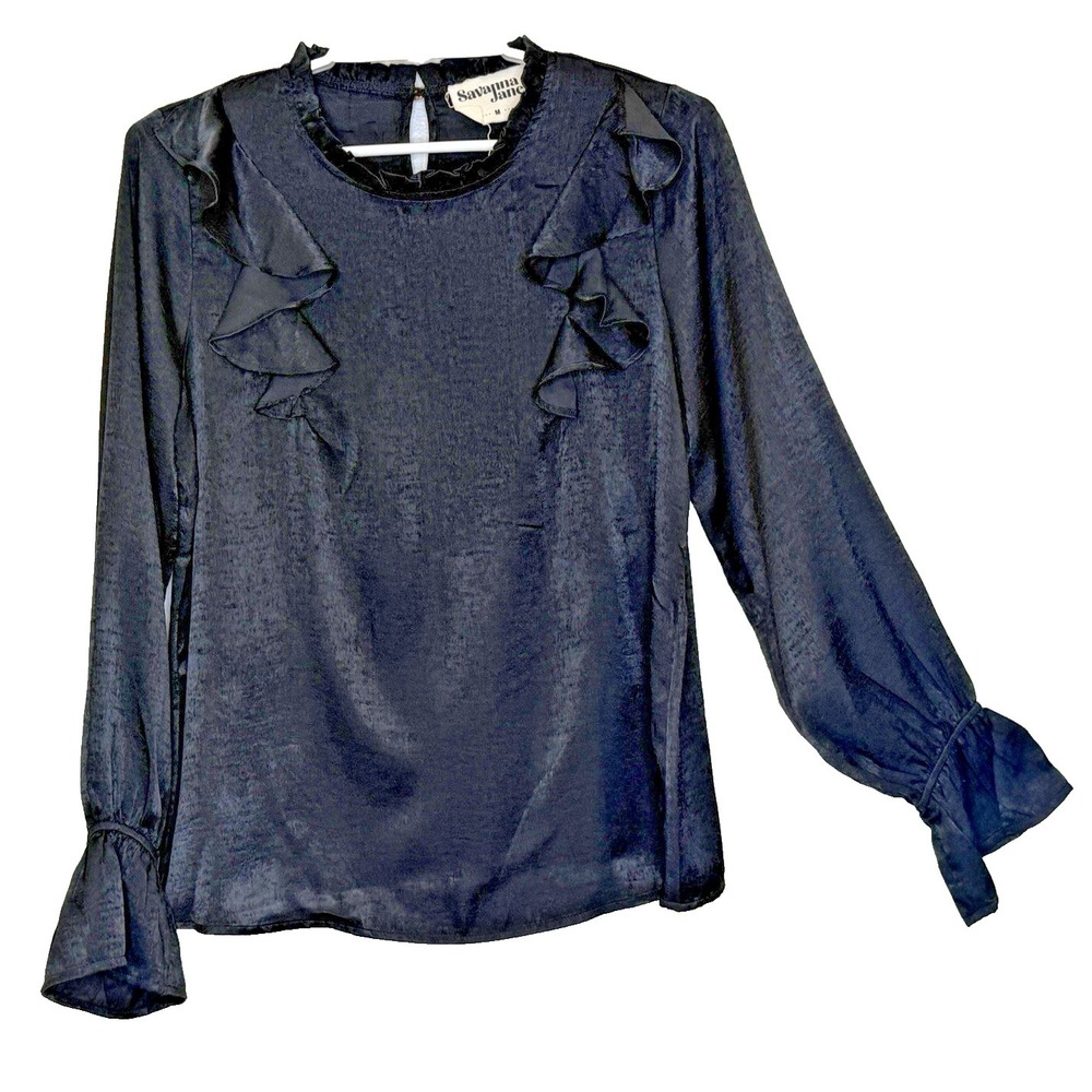 Savanna Jane Top Womens Sz Medium Black Long Sleeve Ruffle Boho Peep Hole Button